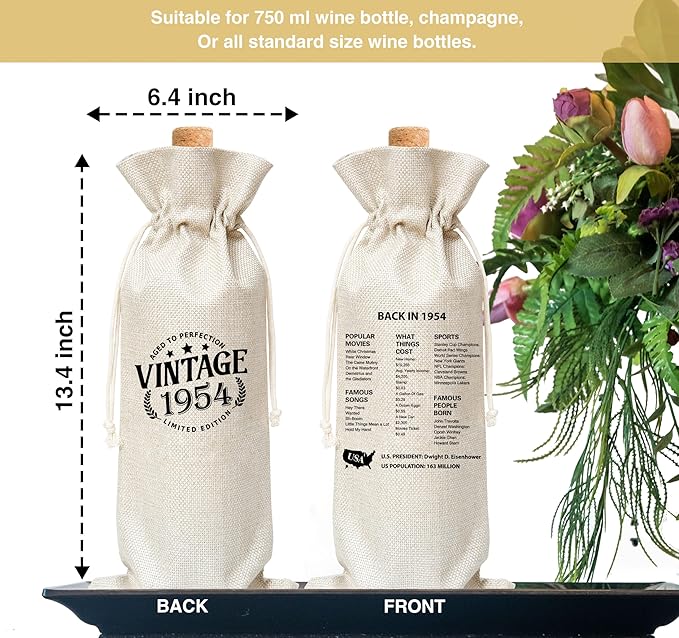 Tedea 70th Birthday Wine Gift Bag, Vintage Back In 1954 Birthday Gift Wine Bag For Women Men, Best Friend, Coworker, Birthday Party Decorations, 1 Pc Wine Bag (G03)