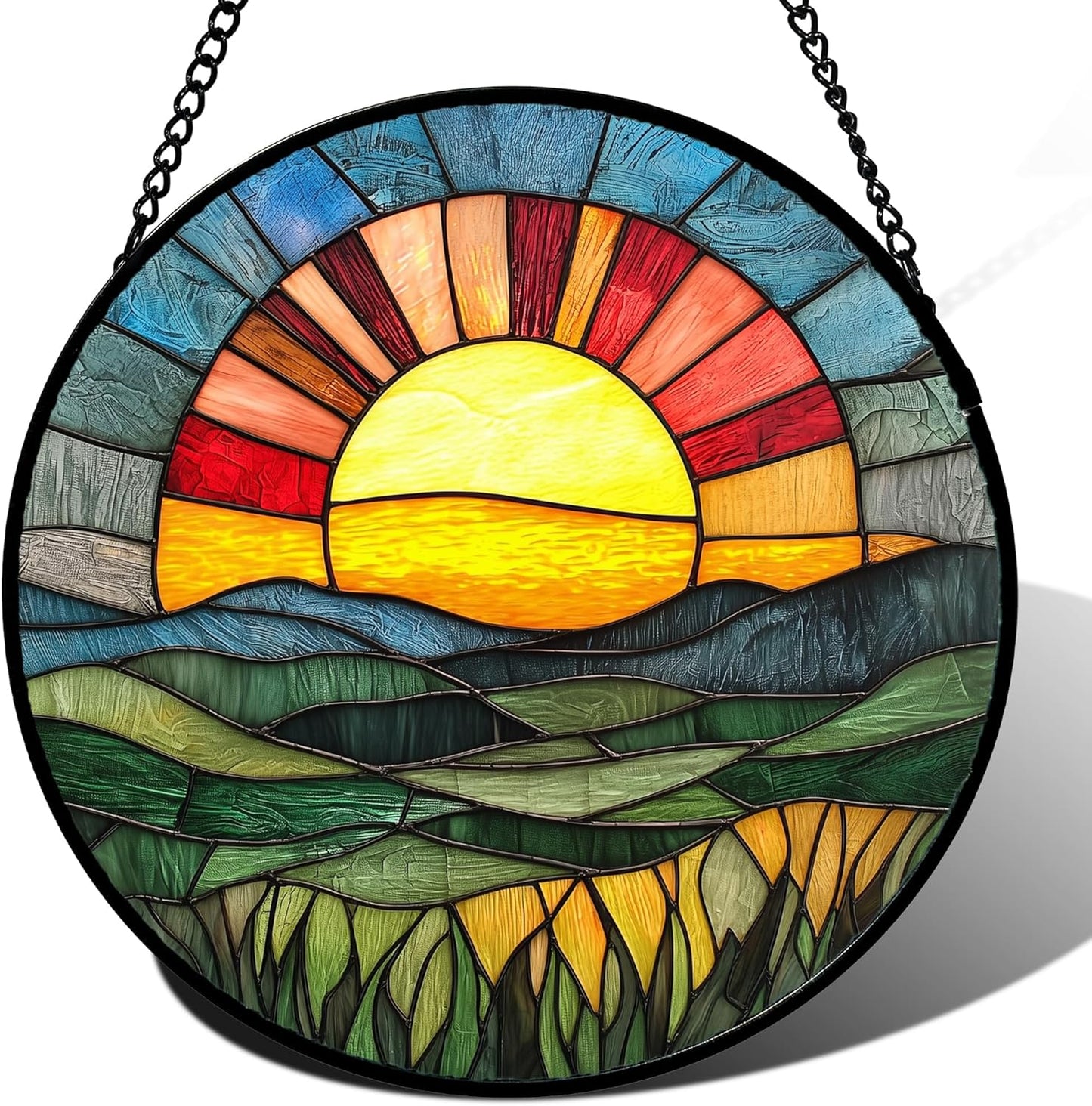 Stained Glass Window Hanging, Golden Red Sun Green Mountain Suncatcher for Window Home Decor Nature Landscape Sun Catcher Mother's Day Birthday Gifts for Women Men Mom Nana 15 in
