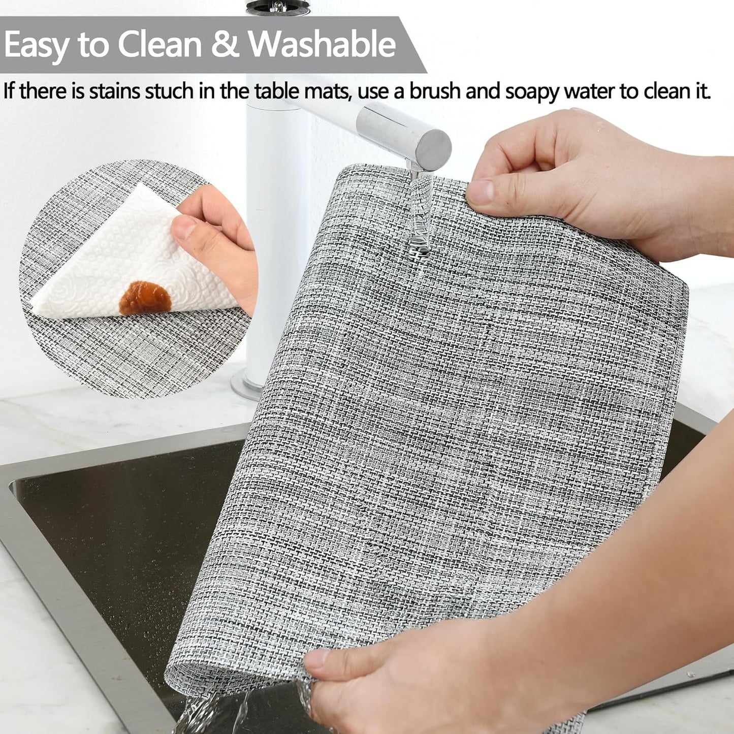 Placemats Set of 6 - Easy Clean Washable Vinyl Placemats - Wipeable Heat Resistant Table Mats for Dining Table - 17.7x11.8 Inch (6, Black & White Two-Tone)