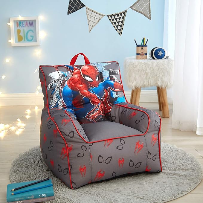 Idea Nuova Marvel Spiderman Toddler Nylon Bean Bag Chair with Piping & Top Carry Handle, Large