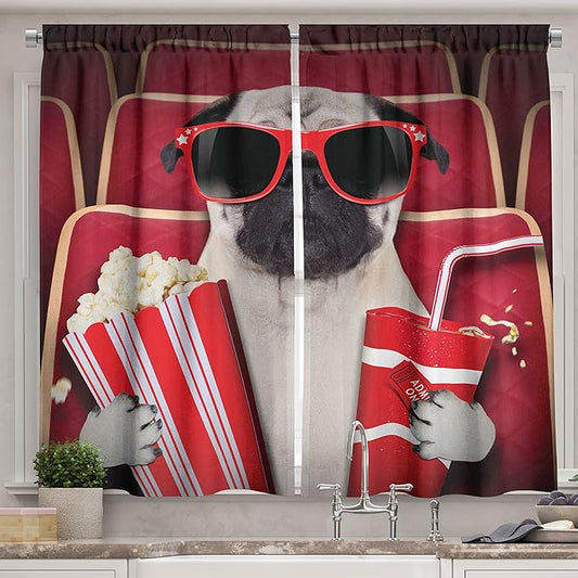 Ambesonne Pug Kitchen Curtains, Funny Dog Watching Movie Popcorn Soft Drink and Glasses Animal Photograph, Window Drapes 2 Panel Set for Kitchen Cafe Decor, 55" x 39", Cream Ruby