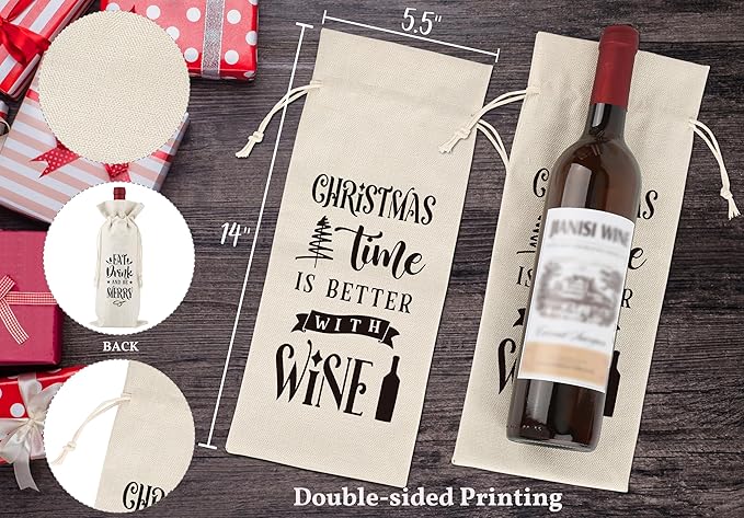 Christmas Time Is Better With Wine,Christmas Party Wine Bag,Party Favor Bag,Wine Bag Gift for Friends,Sisters,Besties,Colleagues,Family,Daughters,Sons,Reusable Wine Bag With Drawstring,L48
