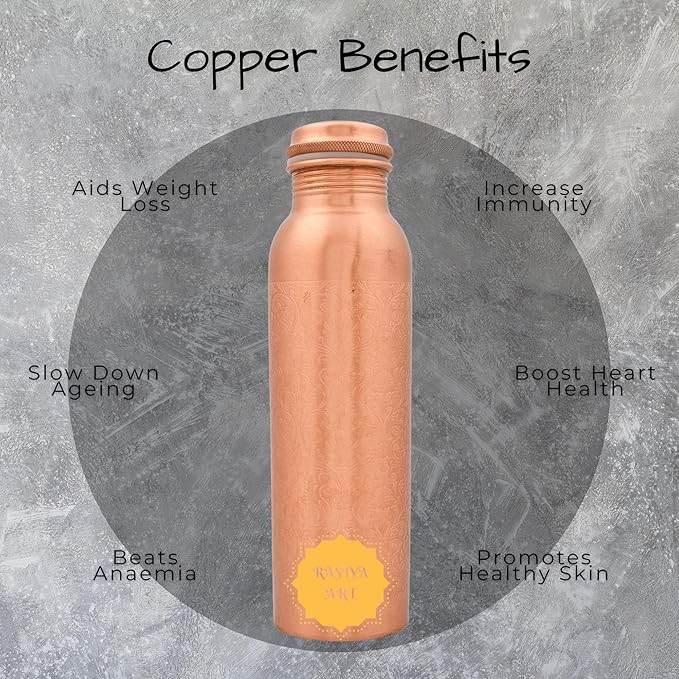 Pure Copper Metal Water Bottle - 32 oz - Indian Handmade Ayurveda Healing Drinking Water Bottle for Travel, Hiking, Gym, Office, Outdoor - Glossy Etching