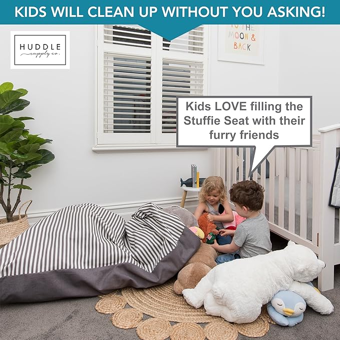 HUDDLE Original Stuffed Animal Bean Bag Storage Extra Large Designer Beanbag Chairs for Kids Teens & Adults | Instant Clutter Clear for Stylish Moms - Stuffed Animal Storage Bean Bag Chair Grey Stripe