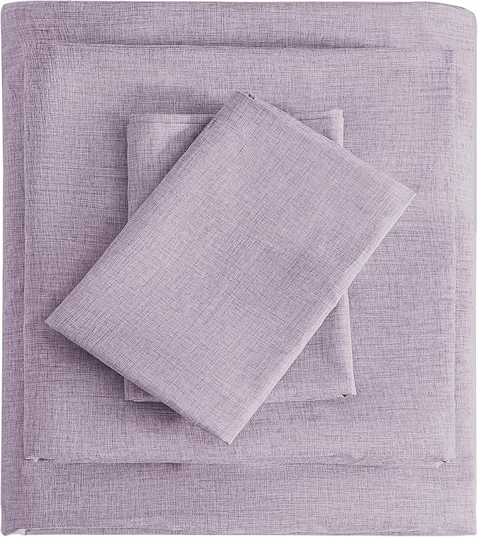 Queen Sheets Purple, Ultral Soft Cationic Linen Look Sheets, Luxury Cooling Cozy Bed Sheet Set with Non-Slip Fitted Sheet