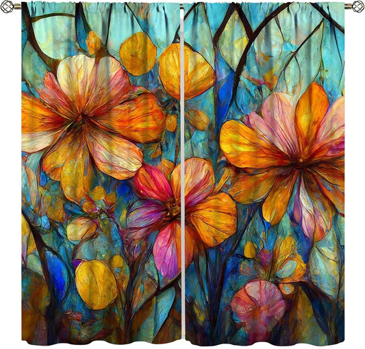 Stained Glass Curtains,Magic Forest Colorful Flowers Abstract Art Home Decor Drapes for Bedroom Living Room Kitchen Window Treatment 2 Panels Set Total Size 52" W X 84" L Inch