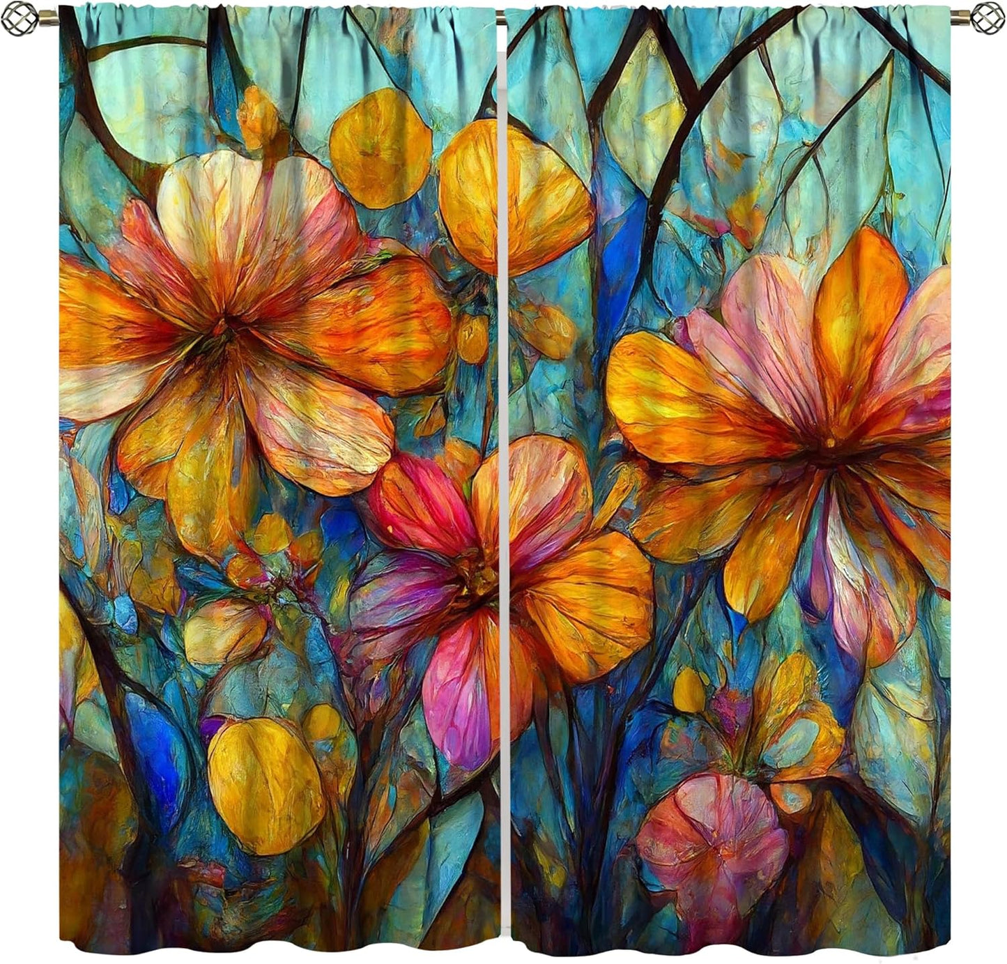 Stained Glass Curtains,Magic Forest Colorful Flowers Abstract Art Home Decor Drapes for Bedroom Living Room Kitchen Window Treatment 2 Panels Set Total Size 42" W X 45" L Inch