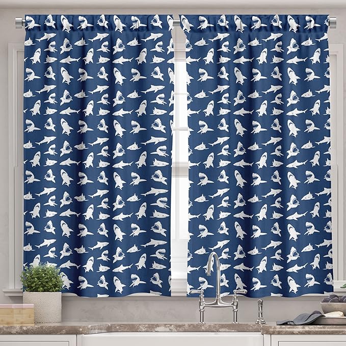Ambesonne Shark Valance & Tier Curtain 3 pcs Set, Fish Pattern Various Gestures Have a Bite Danger Humor Nautical Design, Window Treatments for Kitchen Room Decor, 55" x 45", Blue Violet