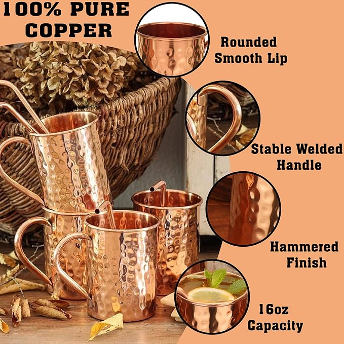 Moscow Mule Copper Mugs - 100% Hammered HANDCRAFTED 16 oz Christmas Gift Set Premium Quality Cocktail Copper Straws and Jigger! - Set of 4 Mug with Shot Glass -Pure Solid Mugs 4 Perfect Cocktail Mug