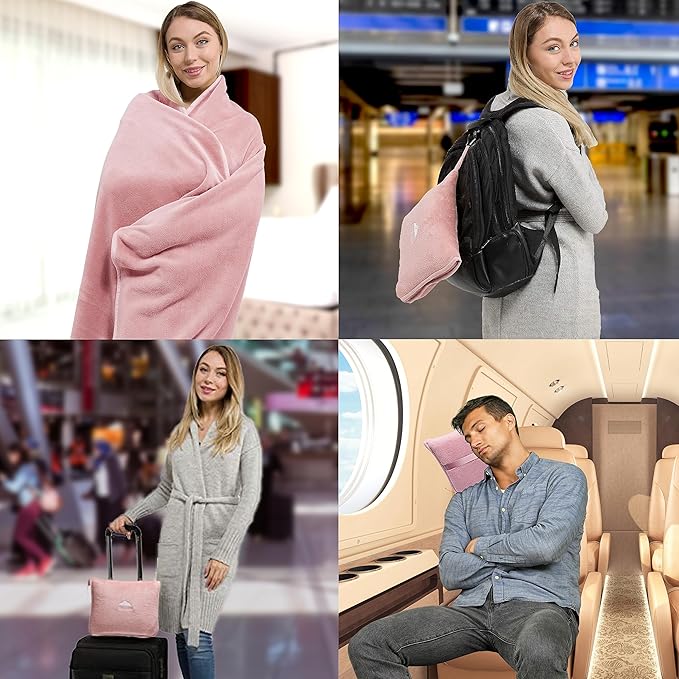 BlueHills Premium Soft Long Travel Blanket Pillow for Tall Airplane Flight Blanket 70 X48 inch Throw in Soft Bag case with Hand Luggage Belt & Backpack Clip Compact Pack Large Blanket Pink T055