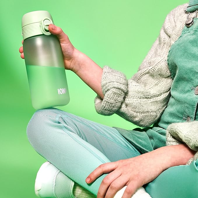 Ion8 Small Water Bottle, 350 ml/12 oz, Leak Proof, Easy to Open, Secure Lock, Dishwasher Safe, BPA Free, Carry Handle, Hygienic Flip Cover, Easy Clean, Odor Free, Carbon Neutral, Surf Green