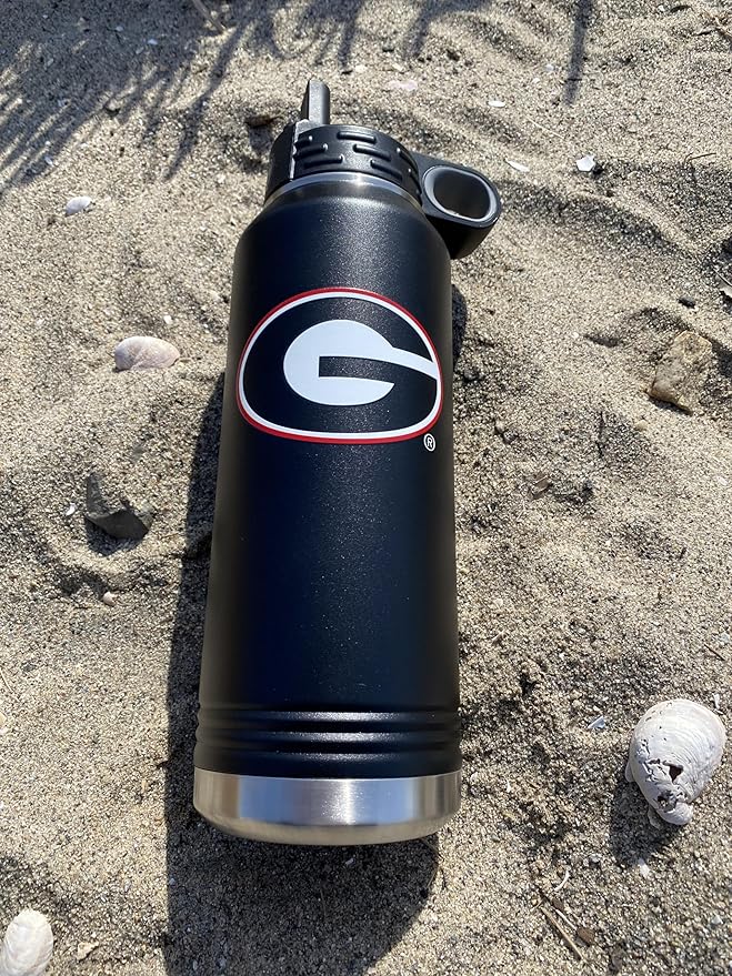 University of Georgia Bulldogs 32oz Stainless Steel Double Walled Black Beverage Bottle with Flip Straw Spout - College Gear for Playoff Season – For Office, Home or Auto – Show your Bulldog Pride