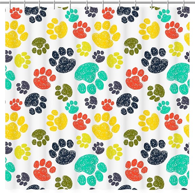 Paw Print Shower Curtain. Colorful Animal Lovers Theme will add an Element of Fun to your Master, Guest, Children's, Boys, Girls Bathroom.