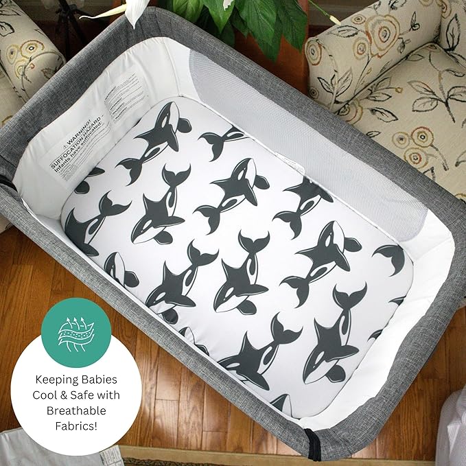 Bassinet Sheets for Ronbei, Baby Joy, Baby Delight Beside Me Dreamer, and Nordmiex Bassinet, 4 Pack, 33x20 Inch, Ultra Soft, Breathable Snug Fit, Unisex Boys Girls, Gray White (Ocean Fish Theme)