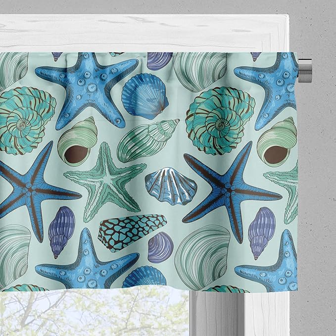 Ambesonne Starfish Valance & Tier Curtain 3 pcs Set, Aquarium Inspired Composition Tropical Seashells and Scallops Cockles and Clams, Window Treatments for Kitchen Room Decor, 55" x 24", Blue Seafoam