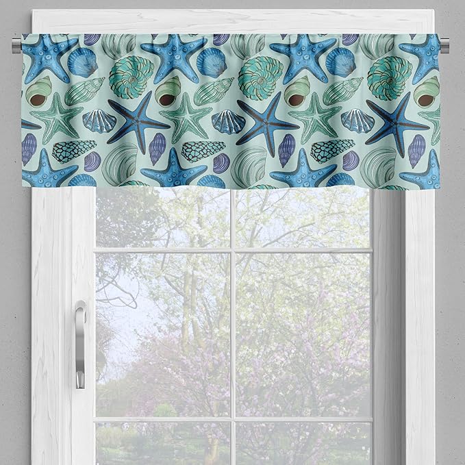 Ambesonne Starfish Valance & Tier Curtain 3 pcs Set, Aquarium Inspired Composition Tropical Seashells and Scallops Cockles and Clams, Window Treatments for Kitchen Room Decor, 55" x 24", Blue Seafoam