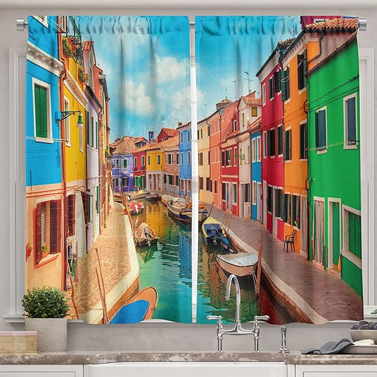 Ambesonne Venice Kitchen Curtains, Colorful Buildings and Water Canal with Boats Burano Island in The Venetian Lagoon, Window Drapes 2 Panel Set for Kitchen Cafe Decor, 55" x 39", Colorful