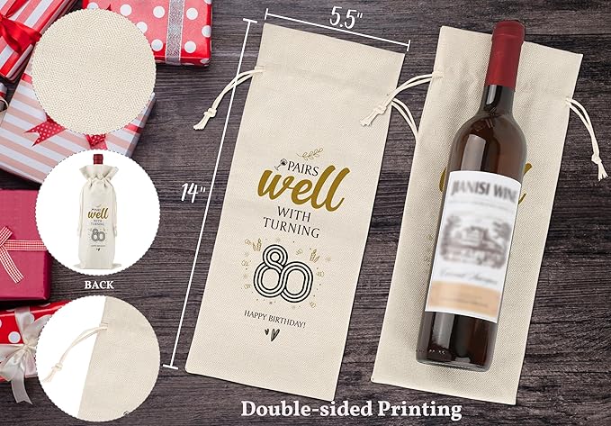 TCJIU 80th Birthday Wine Bag,Pairs Well With Turning 80 Happy Birthday,80th Gift Birthday Planning Gift,80th Gift Birthday Party,Birthday Decorations Wine Bag,Reusable Wine Bags With Drawstring,L17