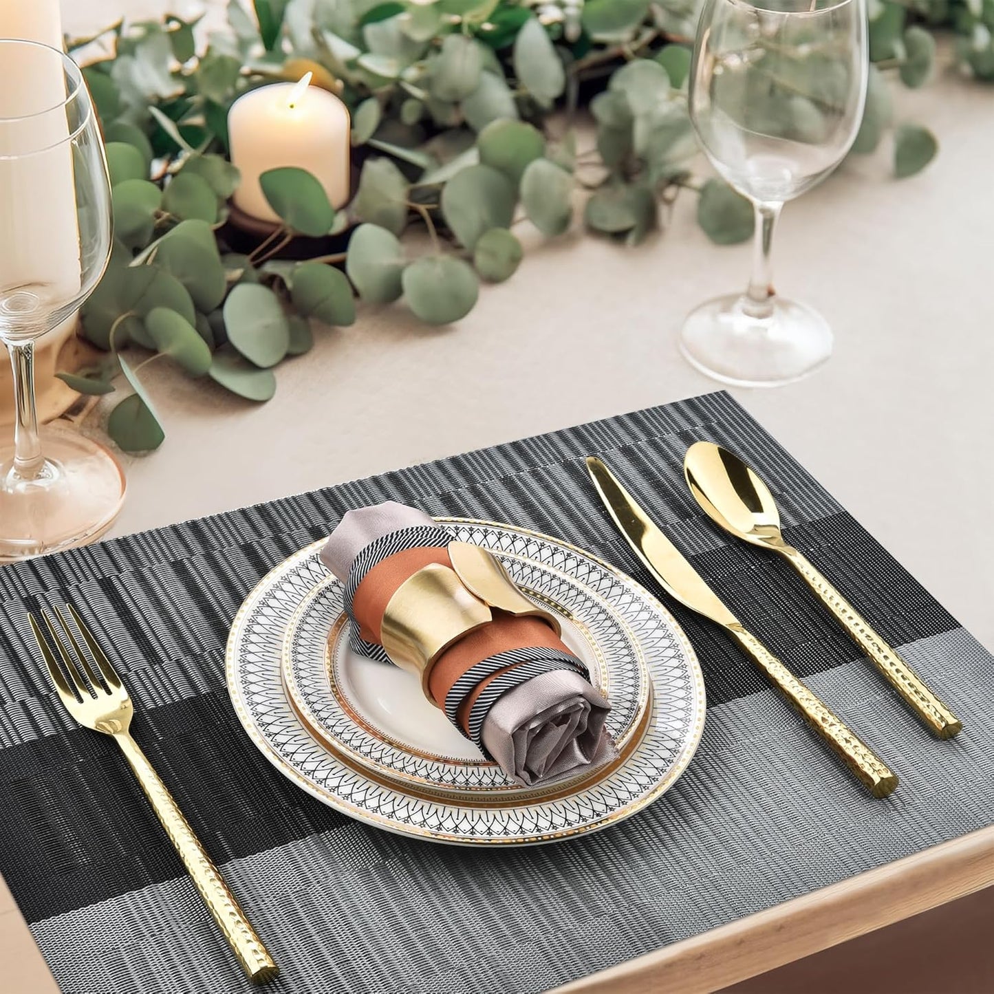 Placemats Set of 6 - Easy Clean Washable Vinyl Placemats - Heat Resistant PVC Place Mats for Dining Table (Black and Gray, 6)