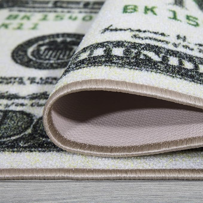 Machine Washable $100 Bill Design Non-Slip Rubberback 17x43 Modern Runner Rug for Hallway, Kitchen, Bedroom, 17" x 43", Green/Multicolor