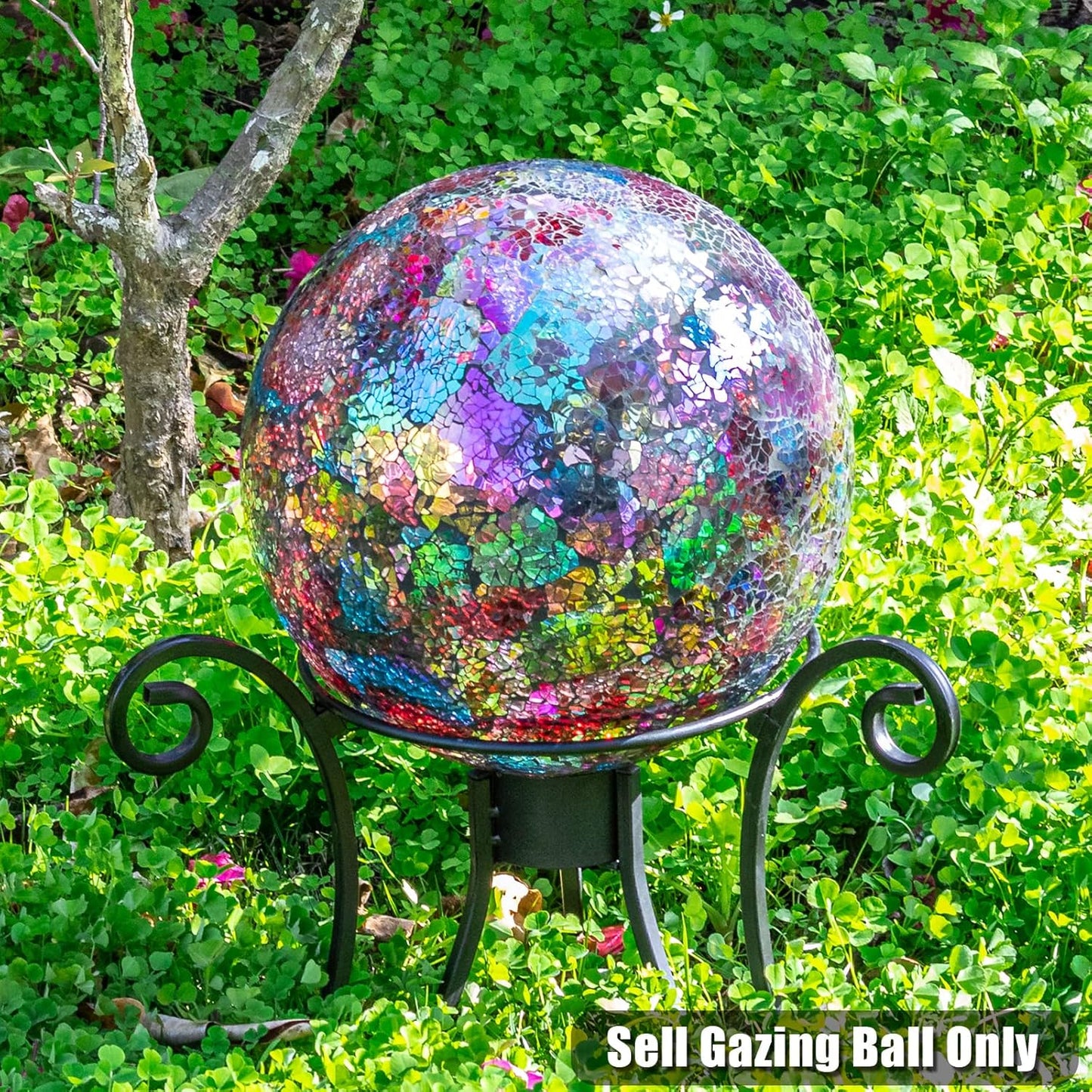 VCUTEKA Gazing Ball, Iridescent Crackled Glass Mosaic Gazing Balls Sphere for Garden Lawn Outdoor Ornament Yard Decorative, 10-Inch, Purple