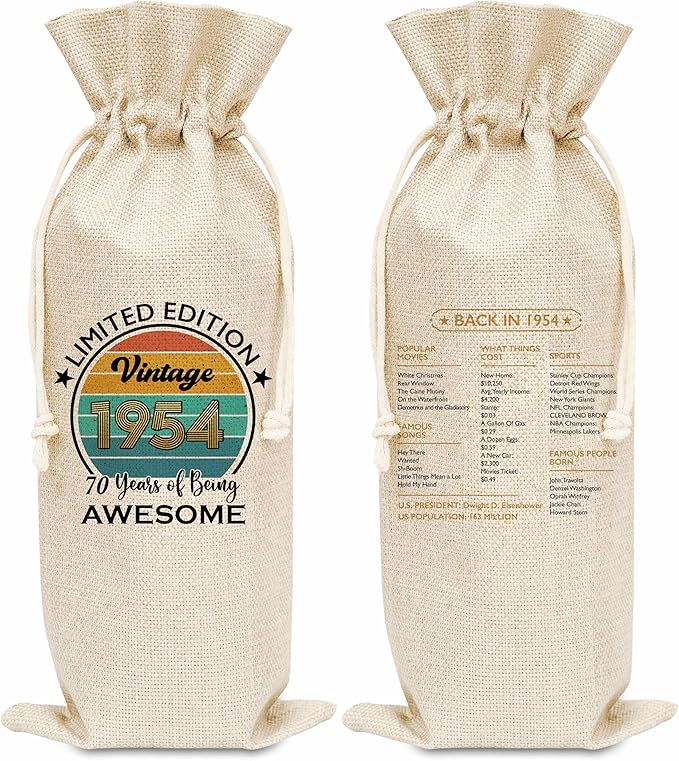 Disfuco 70th Birthday Wine Gift Bag, 1954 Birthday Gift Wine Bag, Burlap Wine Bottle Cover Bag For Women Men, Friends, Daughter, Son, Newphew, Niece, 1 Pc (B06)