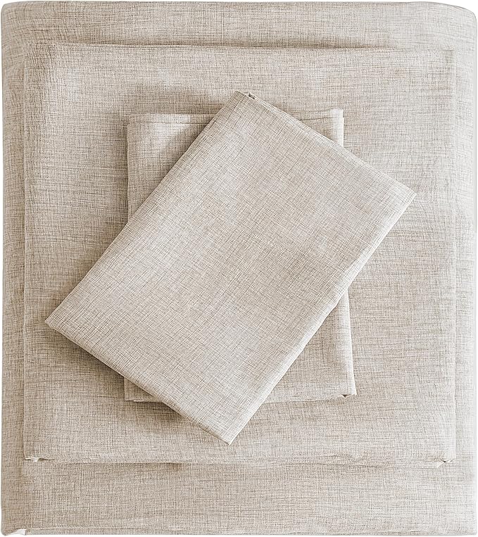 Queen Sheets Brown, Ultral Soft Cationic Linen Look Sheets, Luxury Cooling Cozy Bed Sheet Set with Non-Slip Fitted Sheet