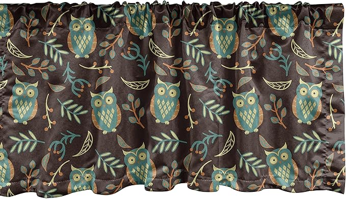 Ambesonne Owl Print Window Valance, Night Birds Leaves Berries Warm Autumn Colors Cartoon, Curtain Valance for Kitchen Bedroom Decor with Rod Pocket, 42" x 12", Brown Green