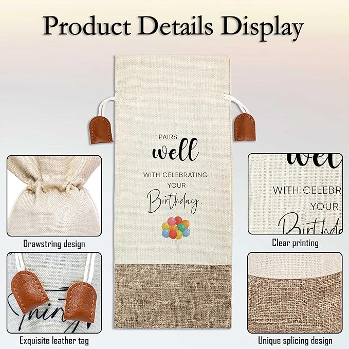 Funny Birthday Wine Bag, Cotton Linen Wine Gift Bag With Drawstring, Wine Champagne Bottle Gift Bag, Birthday Gifts Ideas for Men Woman Her Girl Friend Sister, Birthday Party Favors-35