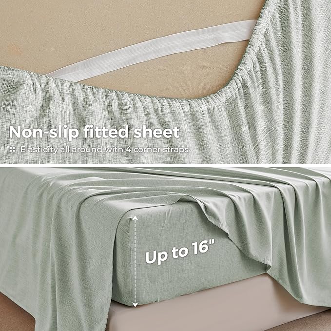 Twin Sheets Sage Green, Ultral Soft Cationic Linen Look Sheets, Luxury Cooling Cozy Bed Sheet Set with Non-Slip Fitted Sheet