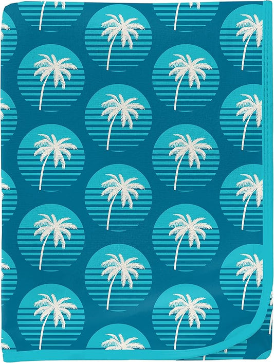 KicKee Print Swaddle Blankets, Silky Soft Baby Blanket, 40” x 29” (Cerulean Blue Palm Tree Sun - One Size)