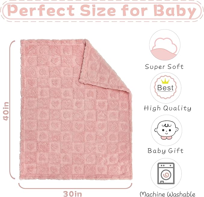 Fleece Baby Blanket Heart Checkered Blanket, Ultra Soft Cozy Baby Blankets for Girls Boys, Fluffy Infant Toddler Newborn Receiving Blankets for Crib Stroller 30”×40” (Dark Pink)