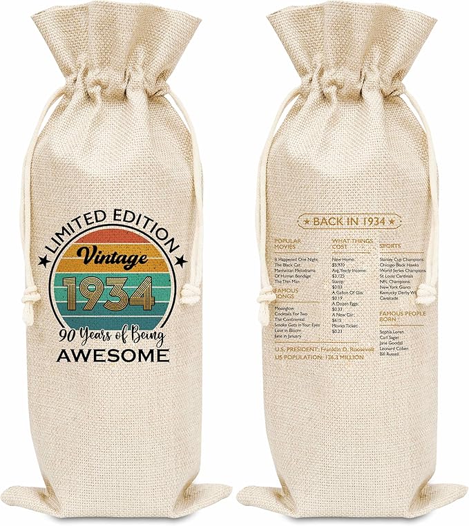 Disfuco 90th Birthday Wine Gift Bag, 1934 Birthday Gift Wine Bag, Burlap Wine Bottle Cover Bag For Women Men, Friends, Daughter, Son, Newphew, Niece, 1 Pc (B08)