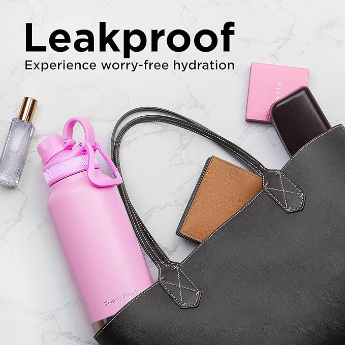 ThermoProof Double Walled Vacuum Insulated Stainless Steel Water Bottle - 32oz, Straw Lid & Spout Lid - Leak Proof - Gym, Hiking Bottles for Men, Women & Kids - Hot & Cold (Pink 32oz)