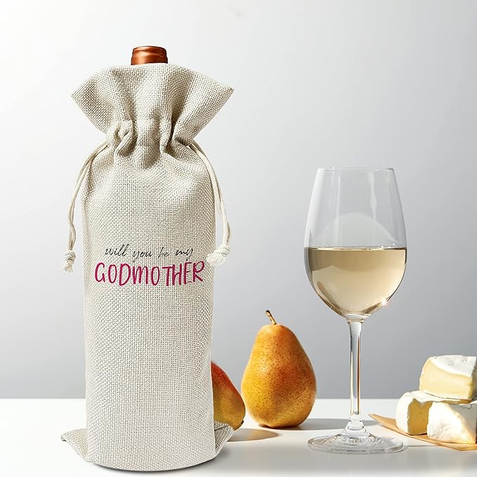 Godmother Wine Gift Bags - Gift for Godmother, Aunt, Godparent, Baptism - Reusable Burlap With Drawstring Gift Bag (5.5"x 13.5")-1 Pcs/jiu071