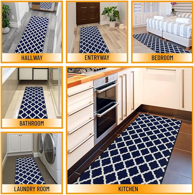 Machine Washable Moroccan Trellis Design Non-Slip Rubberback 2x6 Traditional Indoor Runner Rug for Hallway, Kitchen, Bedroom, 2'2" x 6', Navy
