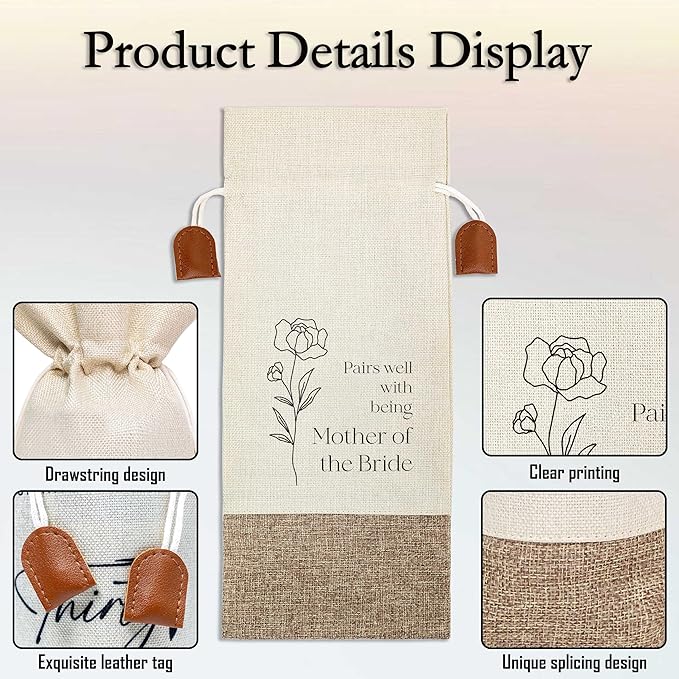 Mother Of The Bride Wine Bag, Cotton Linen Wine Gift Bag With Drawstring, Wine Champagne Bottle Gift Bag for Mother of The Bride, Bride's Mother, Mother-in-law, Wedding, Engegement Party Favors-4