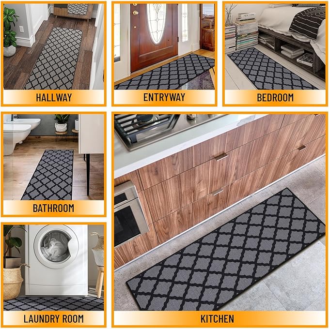 Machine Washable Moroccan Trellis Design Non-Slip Rubberback 2x6 Traditional Indoor Runner Rug for Hallway, Kitchen, Bedroom, 2'2" x 6', Dark Gray