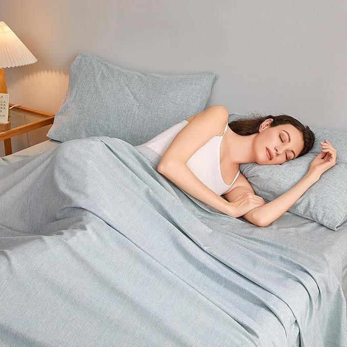 Twin Sheets Blue, Ultral Soft Cationic Linen Look Sheets, Luxury Cooling Cozy Bed Sheet Set with Non-Slip Fitted Sheet
