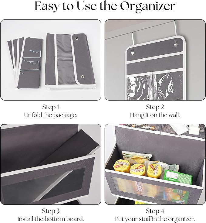 Heavy Duty Over Door Organizer, Wall Mount Hanging Organizer Storage with 4 Large Capacity Pockets, Closet Bathroom Nursery Bedroom Dorm, Toys Cosmetics Sundries and Baby Essentials, Gray