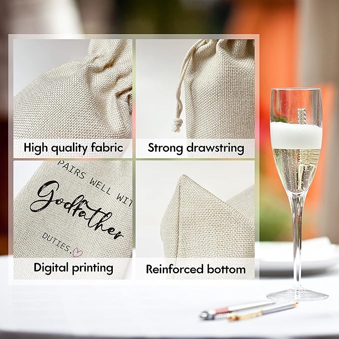 Godfather Wine Gift Bags - Gift for Godfather, Uncle, Godparent, Baptism - Reusable Burlap With Drawstring Gift Bag (5.5"x 13.5")-1 Pcs/jiu065