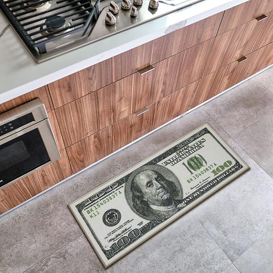 Machine Washable $100 Bill Design Non-Slip Rubberback 17x43 Modern Runner Rug for Hallway, Kitchen, Bedroom, 17" x 43", Green/Multicolor