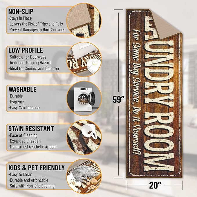 Ottomanson Laundry Collection Non-Slip Rubberback Text Design 2x5 Laundry Room Runner Rug, 20" x 59", Brown