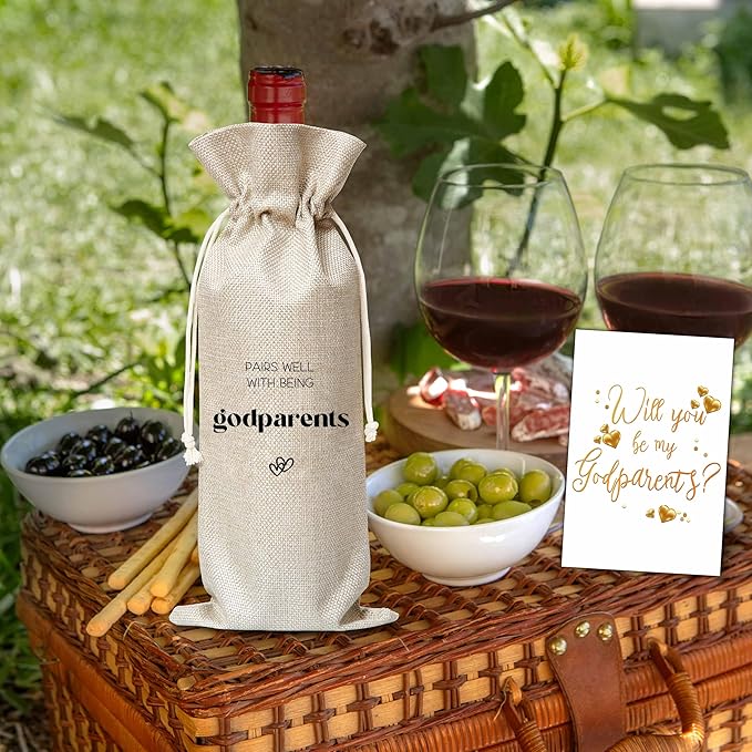Xanev Godparents Wine Gift Bag For Women Man, Godparents Proposal Gifts, Pairs Well With Becoming Godparents Wine Bag, Baptism Gifts For Godmother Godfather, Birthday Wine Party Favors Decor, B08