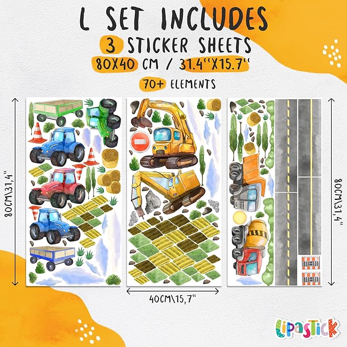 Large Car Wall Decals for Kids by Lipastick - 58 pcs Transports Wall Stickers Peel and Stick Truck Stickers – Construction Cars Wall Decals - Tractor Excavator City Nursery Playroom Wall Décor L Size