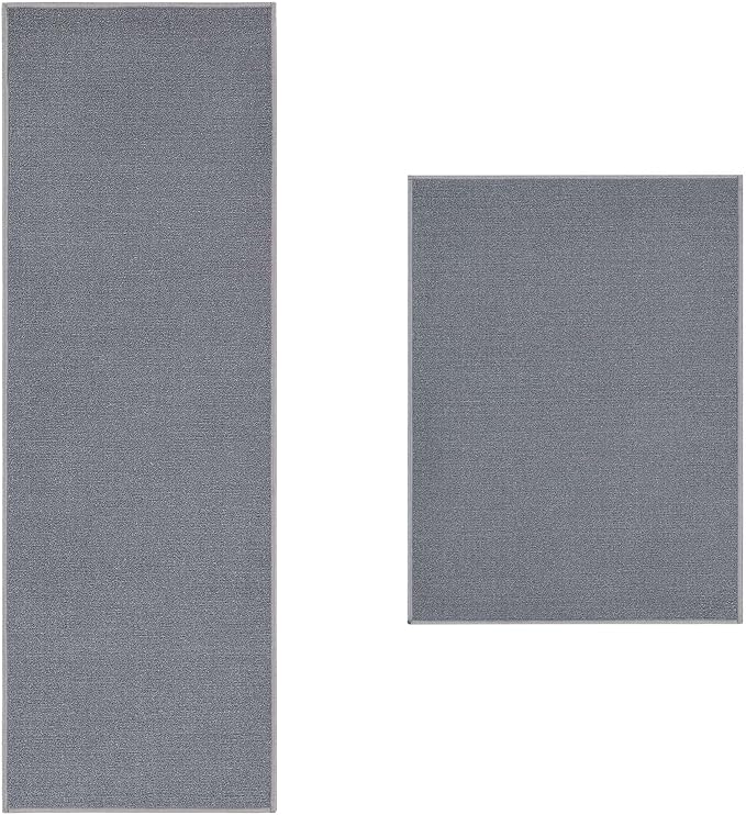 Machine Washable Modern Solid Design Non-Slip Rubberback 2x5/2x3 2PCS Set Traditional Runner Rug/Area Rug for Hallway, Kitchen, Entryway, Bathroom, 2 Piece Set - 20" x 59" / 2'3" x 3', Gray