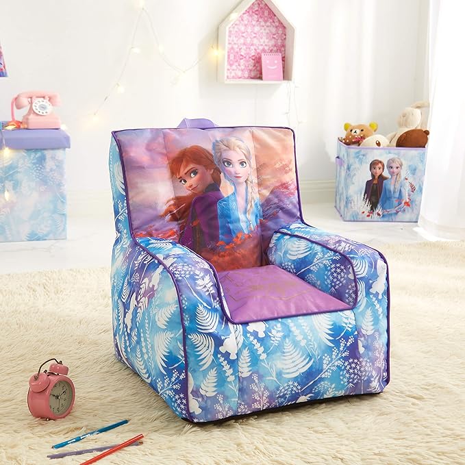 Idea Nuova Frozen 2 Kids Nylon Bean Bag Chair with Piping & Top Carry Handle with Olaf Graphics, Anna & Elsa, Purple, Large