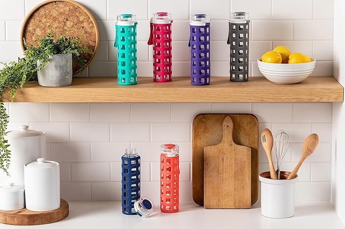 Ello Syndicate Glass Water Bottle with One-Touch Flip Lid and Protective Silicone Sleeve and Carry Loop, BPA Free, Dishwasher Safe,20oz