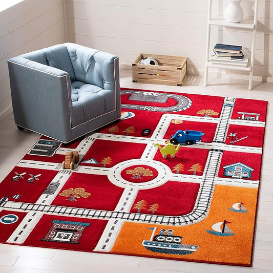 SAFAVIEH Carousel Kids Collection Area Rug - 5'3" x 7'6", Red & Ivory, Non-Shedding & Easy Care, Ideal for High Traffic Areas for Boys & Girls in Playroom, Nursery, Bedroom (CRK192Q)