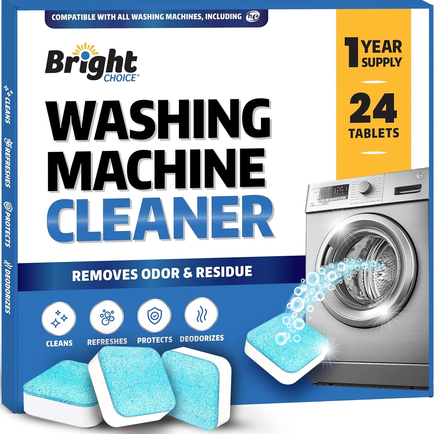 Washing Machine Cleaner Tablets 24 Pack - Deep Cleaning Tablets for Front & Top Load, Works With HE Washers, Removes Residue, Odor & Pet Hair - 12 Month Supply of Washer Cleaner Descalers, Septic Safe